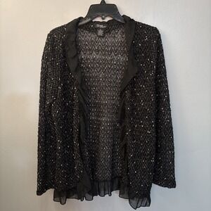 Vintage Women's Black Open Knit Cardigan Gold Metallic Ruffle Trim Size L Artsy